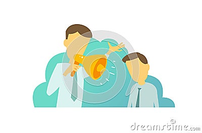 The chief with horn shouted yelling at his subordinate. The man hurries. Team work in the office situations Vector Illustration