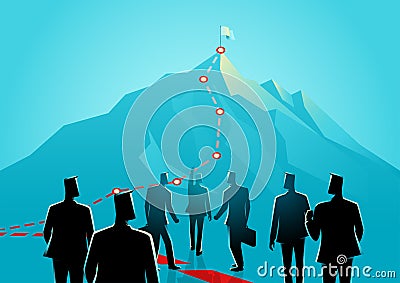 Leader leads his men to the top of the mountain and reach the goal Vector Illustration