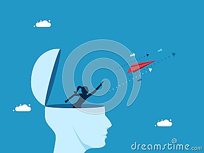 Leader of new ideas. woman with paper plane flying forward Vector Illustration