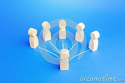Leader person is connected by lines with employees. Teamwork, command and assignment of tasks. Authoritative influence. Leadership Stock Photo