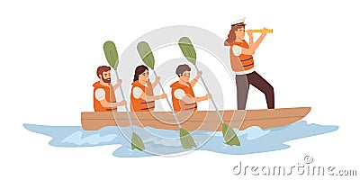 Leader and team of employees rowing in boat toward corporate goal. Concept of strategy, leadership, teamwork and Vector Illustration