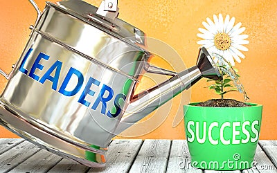 Leaders helps achieving success - pictured as word Leaders on a watering can to symbolize that Leaders makes success grow and it Cartoon Illustration