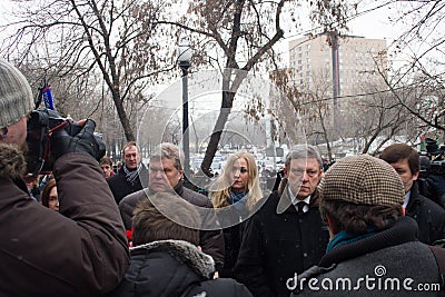 The leaders of the party Yabloko Sergei Mitrokhin and Grigory Yavlinsky at the funeral of Boris Nemtsov Editorial Stock Photo