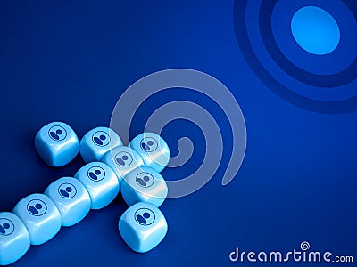 Person icon on white dice block arrow shape heading to the big target goal on blue background. Stock Photo