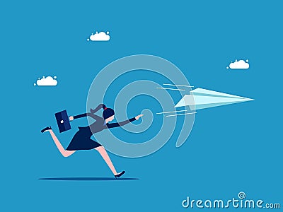 leadership. Businesswoman runs and grabs a paper plane Vector Illustration