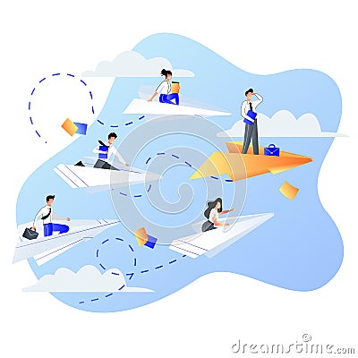 Leadership, career and success business concept. Businessmen people flying on paper airplanes. Vector flat illustration Vector Illustration