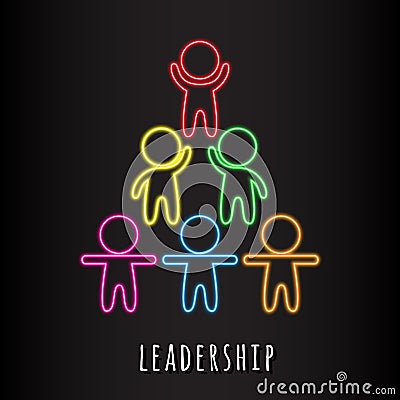 Leadership colorful logo. Stylized human figures with neon glow isolated on dark background. Career growth, development Vector Illustration