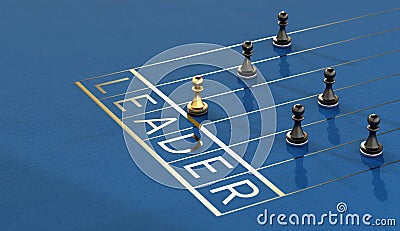 Leadership concept, gold pawn of chess, standing out from the crowd of black pawns Stock Photo