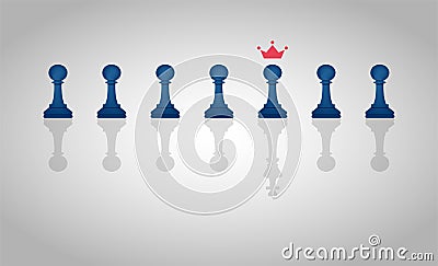 Leadership concept with group of chess pawn pieces with one piece casting a shadow of a king vector illustration Vector Illustration