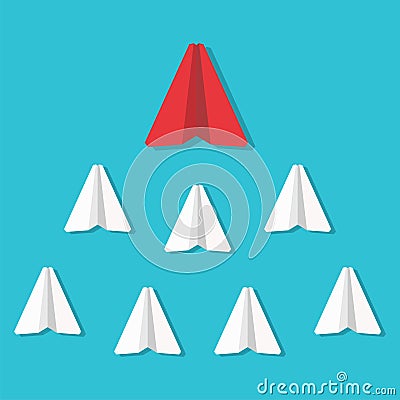 Leadership concept. Red paper plane leading white airplanes. Success, winner abstract vector illustration. Vector Illustration