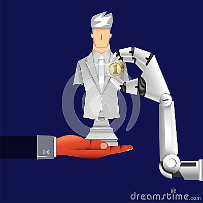 Leadership concept, a robot give a medal to a white-chess-businessman, number one, vector illustrator Vector Illustration