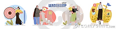 Leadership concept scenes set. Achieving goals, targeting, professional growth, business and career development. Collection of Vector Illustration