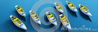 Leadership concept, yellow leader boat leading white boats, on blue background. Ai Generated Stock Photo