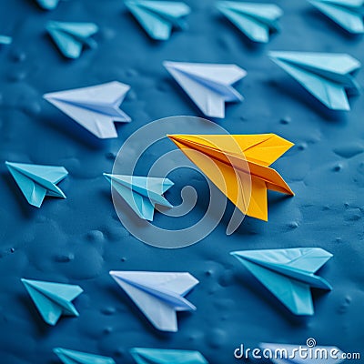 Leadership concept yellow paper airplane leading a fleet Stock Photo