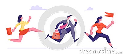 Leadership, Creative Idea Concept with Colleagues Follow Successful Leader. Business People Characters Running Vector Illustration