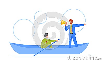 Leadership And Direction Concept. Male Character Rowing With Confidence And Authority, Leader With Loudspeaker Vector Illustration