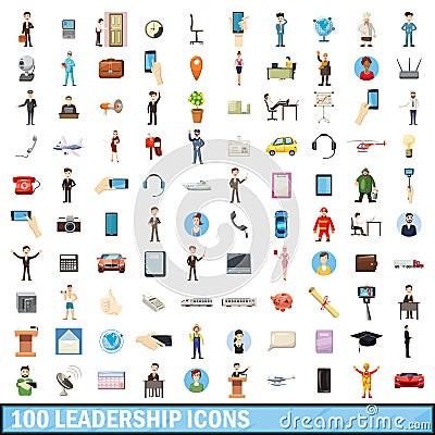 100 leadership icons set, cartoon style Vector Illustration