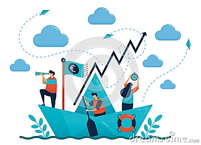 Leadership in leading and organizing. Origami paper ship. Motivation and competition in career. Set target and goal. Teamwork Vector Illustration