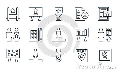 leadership line icons. linear set. quality vector line set such as award, tie, key to success, celebration, podium, leader, chart Vector Illustration