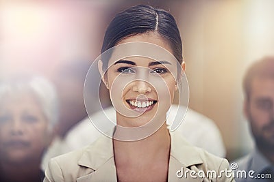 Leadership, portrait and happy business woman with group in office for collaboration, teamwork or support. Face, smile Stock Photo