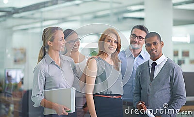 Leadership, promotion and teamwork of colleagues congratulating their manager on success or achievement. Happy and Stock Photo