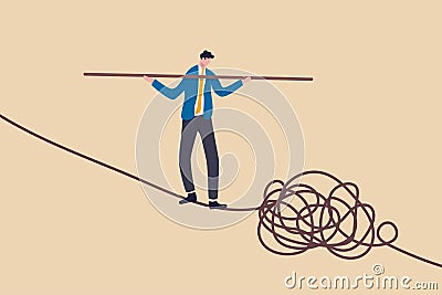 Leadership skill to lead company in crisis situation, manage to solve risky problem concept, confidence businessman leader acrobat Stock Photo
