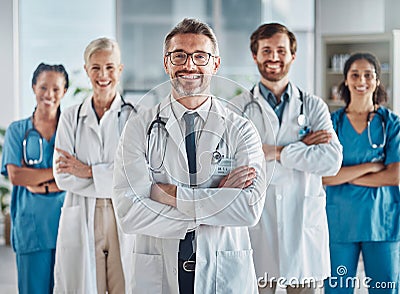 Leadership, teamwork and portrait doctors and nurses in hospital with support and success in healthcare. Health, help Stock Photo