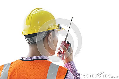 Engineers are in control use communication tools, White isolated background Stock Photo