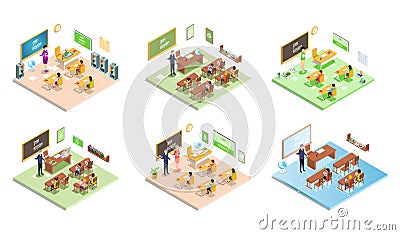 Set of illustrations about school education, e-learning process. Leading lesson of green ecosystem Cartoon Illustration