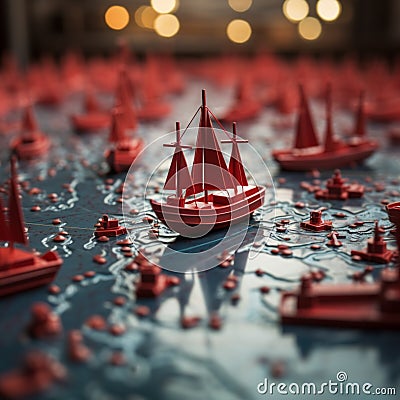 Leading the pack Red boat guides paper fleet on world map, signifying teamwork Stock Photo