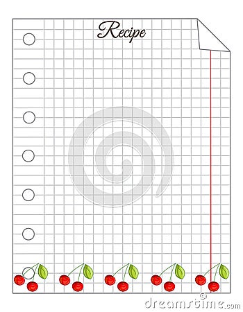 Leaf in a cage. A sheet of notepad. Note paper. Paper for recipes. Paper for recipes with cherry Vector Illustration