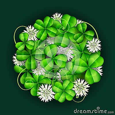 Leaf clover with white flowers, arranged in circle for St. Patrick`s day Vector Illustration