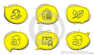 Leaf dew, Bio shopping and Face attention icons set. Face declined sign. Water drop, Leaf, Exclamation mark. Vector Vector Illustration