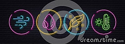 Leaf dew, Feather and Windy weather minimal line icons. For web application, printing. Neon laser 3d lights. Vector Vector Illustration