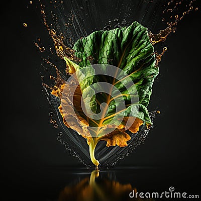 A leaf of fresh lettuce, dripping with a drop of oozing mustard. Generative AI Stock Photo
