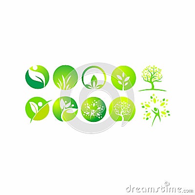 Leaf, logo, organic, wellness, people, plant, ecology, nature design icon set. Stock Photo