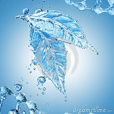Leaf made of water splash on blue background Stock Photo