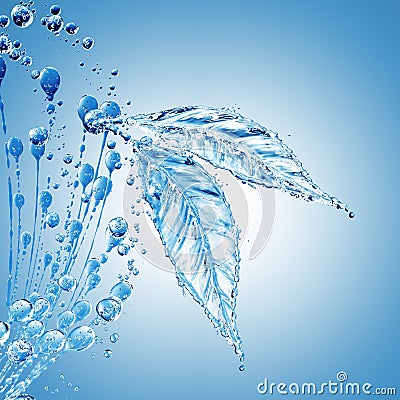 Leaf made of water splash on blue background Stock Photo