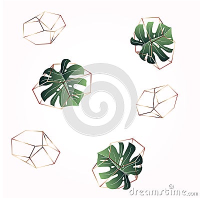 A leaf of monstera and crystals. Seamless pattern. Vector Illustration