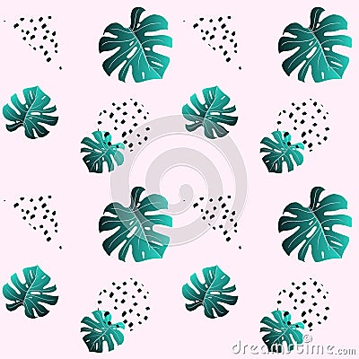 A leaf of monstera and dots. Pink seamless pattern Vector Illustration