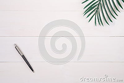 Leaf and pen on wooden table, composition with top view, branch and leaves on wood desk with copy space. Stock Photo