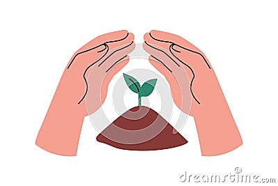 Leaf plant growing in earth, ground. Hand caring about green sprout, saving nature. Ecology, environment conservation Vector Illustration