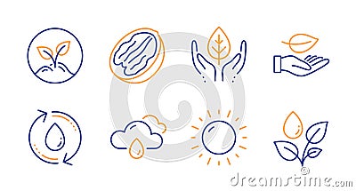 Leaf, Sunny weather and Rainy weather icons set. Refill water, Fair trade and Startup signs. Vector Vector Illustration