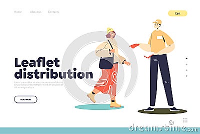 Leaflet distribution concept of landing page with man promoter giving flyers to attract new clients Vector Illustration