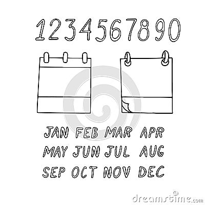 Leaflets, numbers, month names. Hand drawn set in doodle style. constructor. calendar design elements for every day Stock Photo