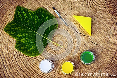 Leafs brush paints wooden circles Stock Photo