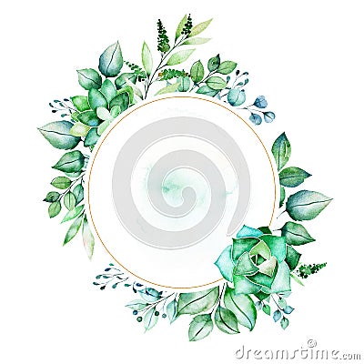 Leafy frame border with succulent plants,palm leaves,branches Cartoon Illustration