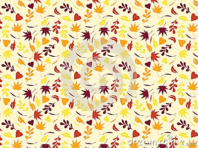 Variety of autumn leaves on yellow background Vector Illustration