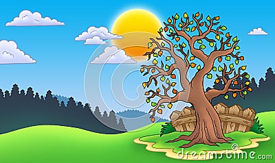 Leafy tree in autumn landscape Cartoon Illustration