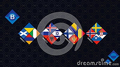League B Flags of the European Football Competition. National Teams Flags sorted by group Vector Illustration